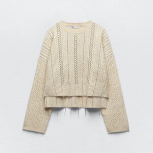 ZARA Cream Crew Neck Cable Knit Sweater with Rhinestone details
